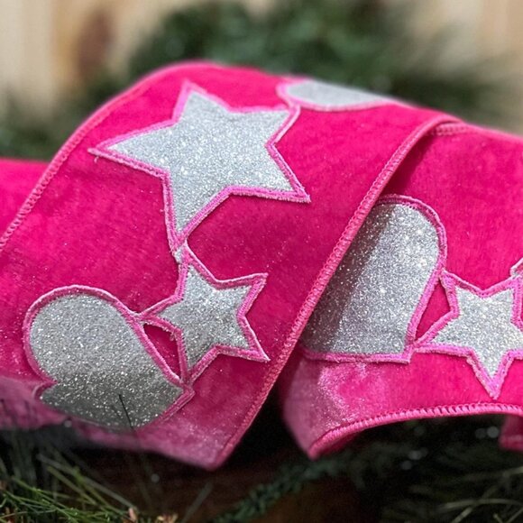 4 inch Hot Pink Velvet with Hearts and Stars Wired Edge Ribbon Holiday Crafts - Picture 1 of 9